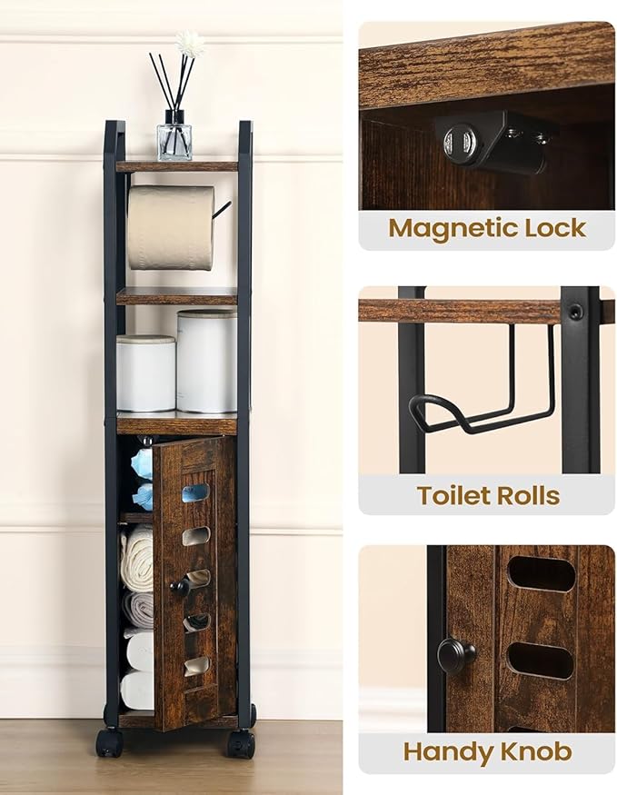 Hzuaneri Bathroom Storage Cabinet - Toilet Paper Storage Cabinet, Small Toilet Paper Holder with 4 Wheels, Bathroom Organizer with Adjustable Shelf, for Small Spaces, Rustic Brown BC04601X