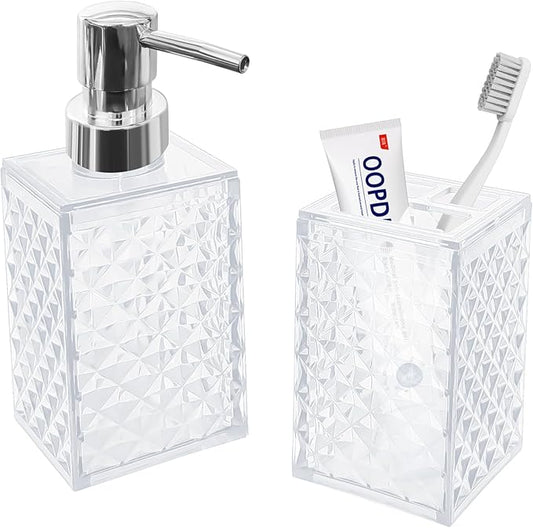 2PCS White Bathroom Accessories. Contain Soap Dispenser and Toothbrush Holder Set. Boho Bathroom Set for Blue Bathroom Décor