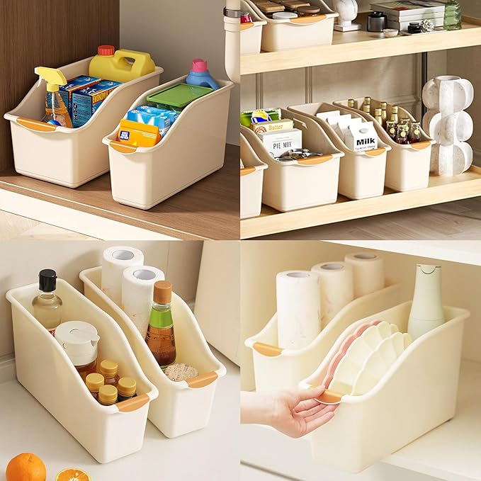 2 Pack Roll Out Plastic Organizer Bins, Tall Under Sink Organizer with Handle for Kitchen, Bathroom and Pantry, Multi-purpose Freezer Organization On Wheels, Kitchen Organizers and Storage