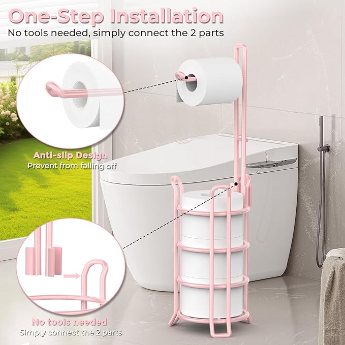 TomCare Toilet Paper Holder Toilet Paper Stand and Dispenser for 3 Spare Rolls Metal Wire Free-Standing Toilet Tissue Paper Roll Storage Shelf Bathroom Accessories Storage Organizer Pink