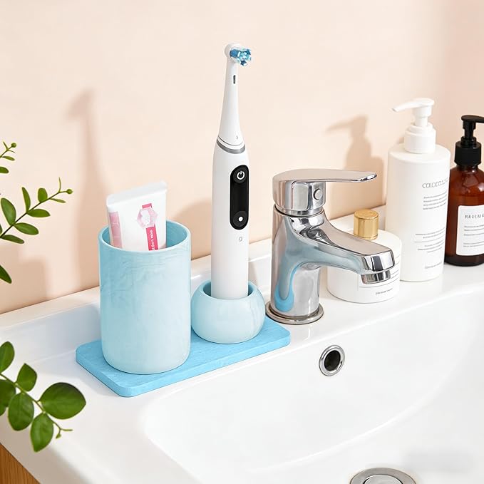 Ceramic Toothbrush Holder & Toothbrush Cup with Diatomite Tray for Bathroom, Bathroom Tumbler Cups Reusable Toothbrush Mouthwash Cup, Shower Counter Storage Organizer (Blue)
