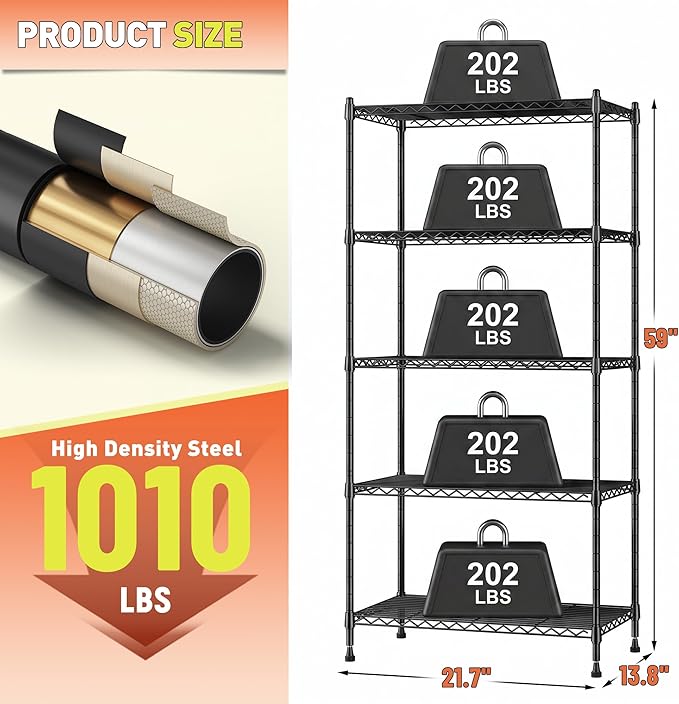 Romorgniz 5-Tier Shelf 1010LBS Storage Shelves Adjustable Wire Shelving,Tool-Free Assembly,Metal Shelving Unit for Kitchen Pantry Closet Laundry Bathroom 59" Hx21.7 Wx13.8 D,Black,3P
