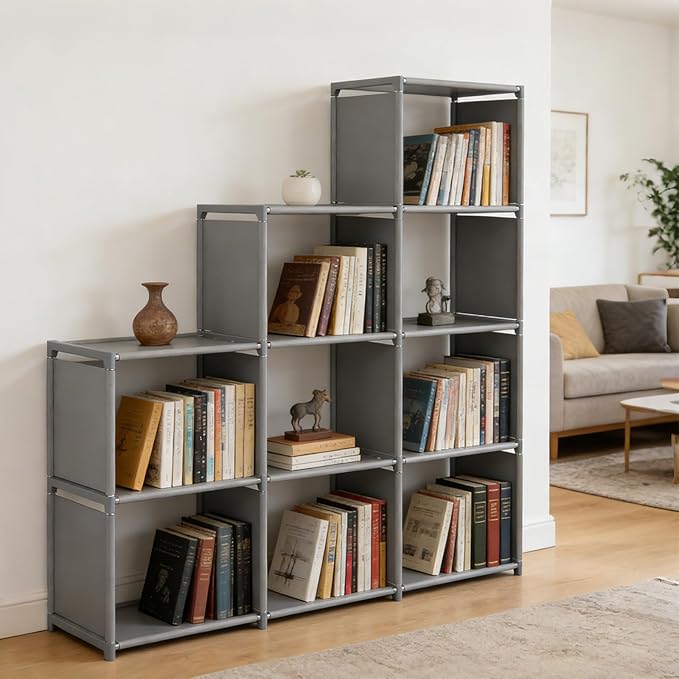 4-Cube Storage Organizer Shelf – Tool-Free Assembly Cube Bookcase for Bedroom, Closet & Small Spaces, Bookshelf Organizer for Kids’ Clothes & Nursery, Grey