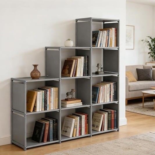 4-Cube Storage Organizer Shelf – Tool-Free Assembly Cube Bookcase for Bedroom, Closet & Small Spaces, Bookshelf Organizer for Kids’ Clothes & Nursery, Grey