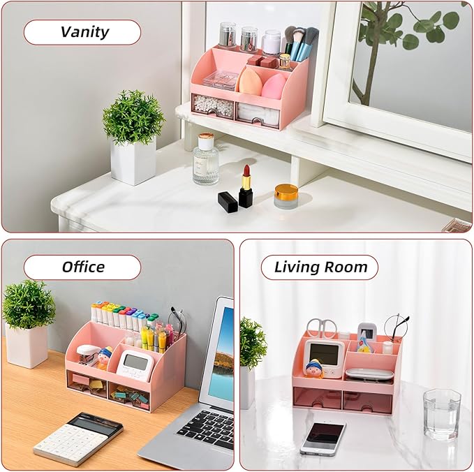 VITVITI Toothbrush Holders for Bathrooms Countertop, 5 Slots Toothpaste Bathroom Counter Sink Organizer with Drawers, Plastic Bathroom Organizer for Vanity/Makeup/Office Pink