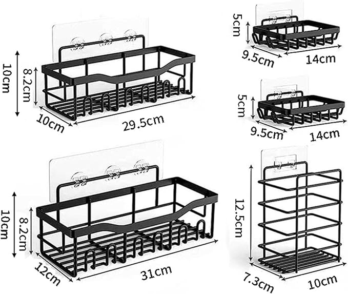 Durable Rustproof Shower Caddy 5 Pack, Stainless Steel Bathroom Storage Accessories, No Drilling Adhesive Shower Organizer, Hanging Bathroom Rack Shelves with Soap Razor Holder Set, Black