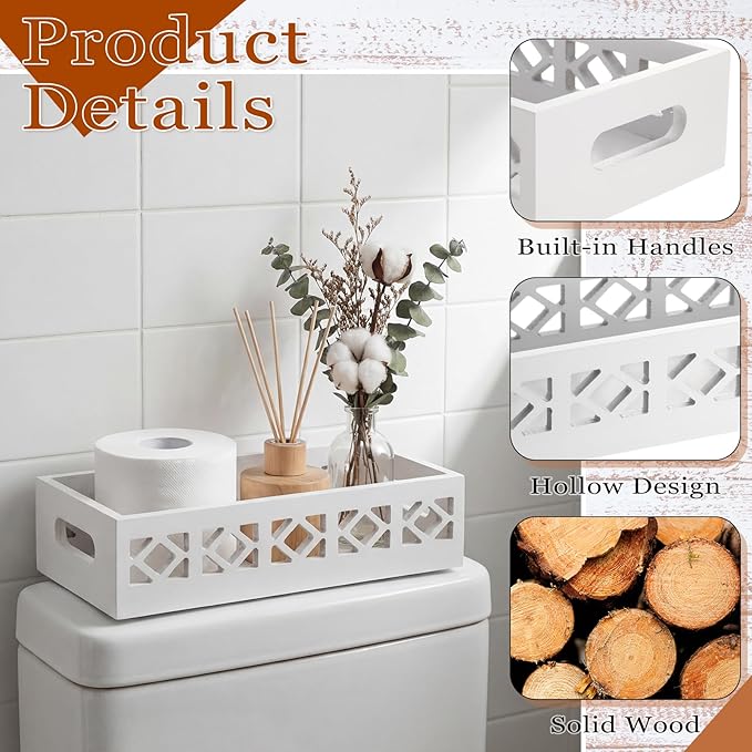 Qunclay 2 Pack White Toilet Tank Baskets Wooden Toilet Tank Top Paper Baskets with Handle Rustic Hollow Bathroom Paper Organizer Holders Farmhouse Decorative Bathroom Storage Box