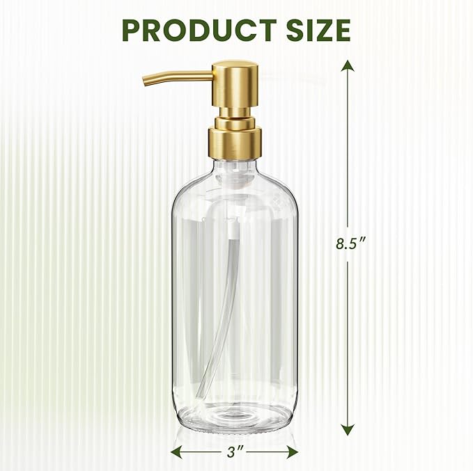 AmazerBath Soap Dispenser, 2 Pack Glass Soap Dispenser with Pump Stainless Steel, 17 Oz Clear Gold Hand Soap Dispensers for Bathroom and Kitchen