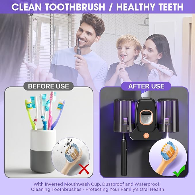 LXIANGN 3 in 1 Toothbrush Cleaner Holders,Rechargeable Wall Mounted Toothbrush Holder Toothpaste Dispenser Automatic 2 Cups Tooth Brush Holder for Bathroom, No Drilling, 4 Slots (Black)