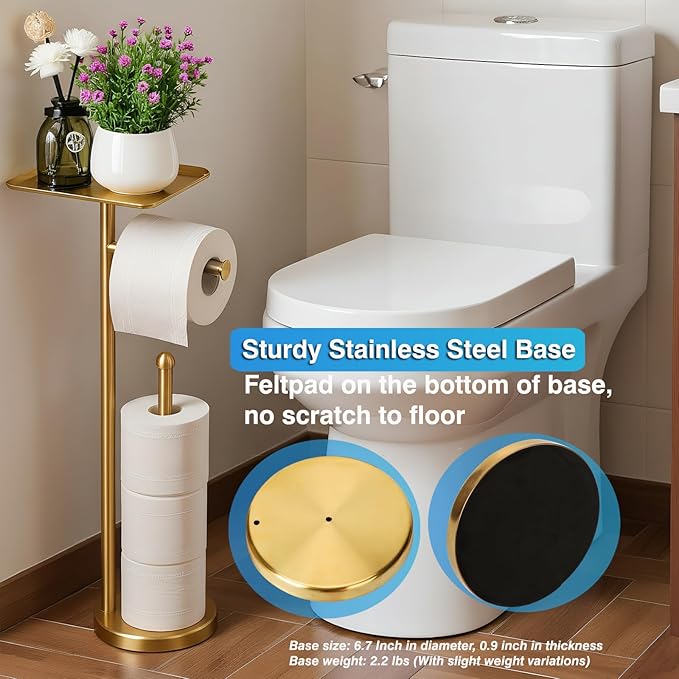Gold Toilet Paper Holder with Shelf, Freestanding Tissue Holder Stand with Storage Space for Extra 4 Toilet Paper Rolls (Stainless Steel Base, Gold)