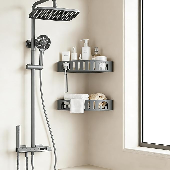 Adhesive Corner Shower Shelf No Drill | Rust-Proof Aluminum Alloy Stick On Bathroom Organizer with Shaving Holder for Shampoo, Conditioner, Soap, Razors Grey 3 Pack