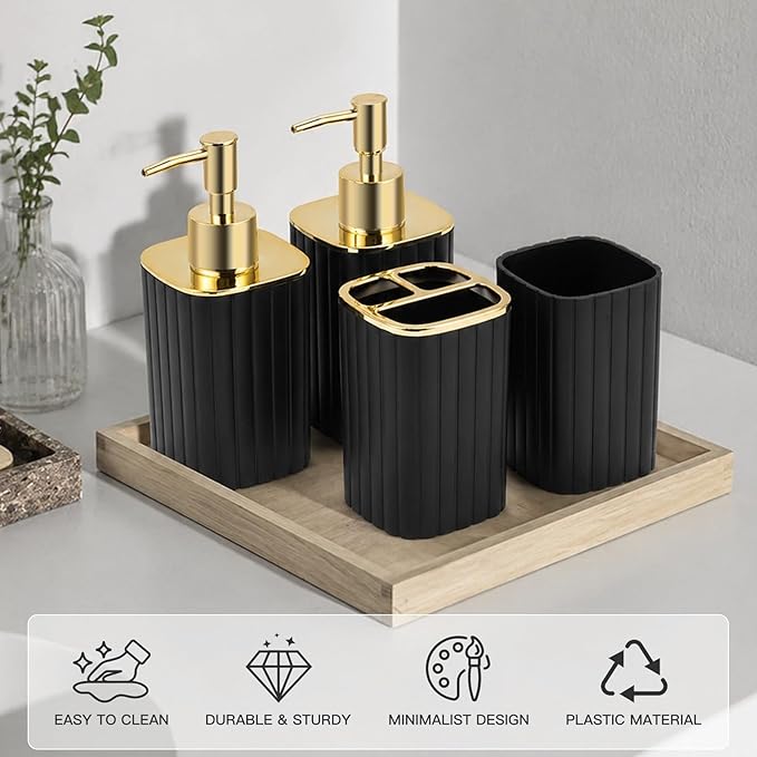 4-Piece Bathroom Accessories Set, Black and Gold Bathroom Set Includes 2 Soap Dispensers, a Toothbrush Holder and Cup, Black Gold Bathroom Decor for Modern Homes
