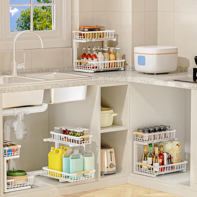 2Pcs Under Sink Organizer, Adjustable Under Sink Organizers and Storage, 2-Tier Pull Out Under Kitchen Sink Organizer, Sliding Out Metal Under Bathroom Sink Organizer for Kitchen Pantry White