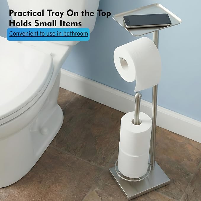 Toilet Paper Holder with Shelf, Toilet Paper Stand with Storage for Holding Extra 3 Rolls, Freestanding Toilet Paper Holder for Bathroom (Brushed Nickel with Metal Base)