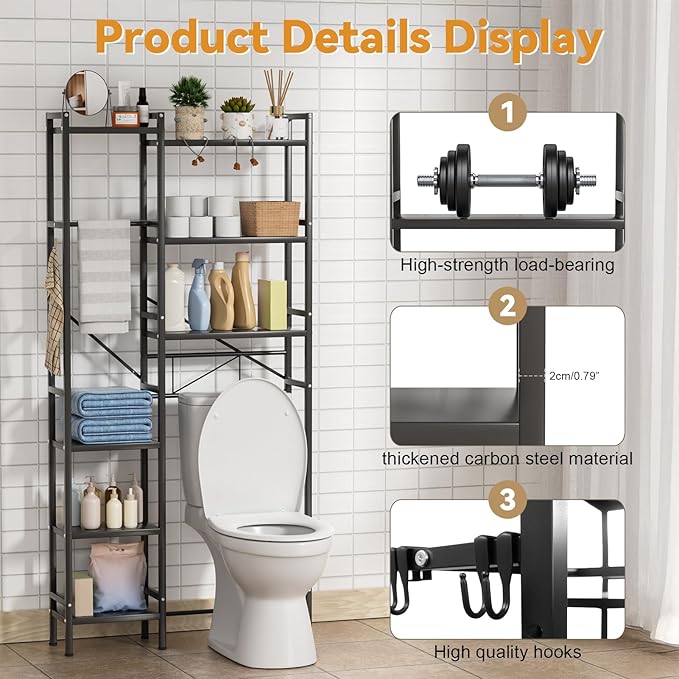 1 Set Over The Toilet Storage, 3-Tier Bathroom Laundry Storage Rack Space-Saving Organizer Household Supplies (Black-M)