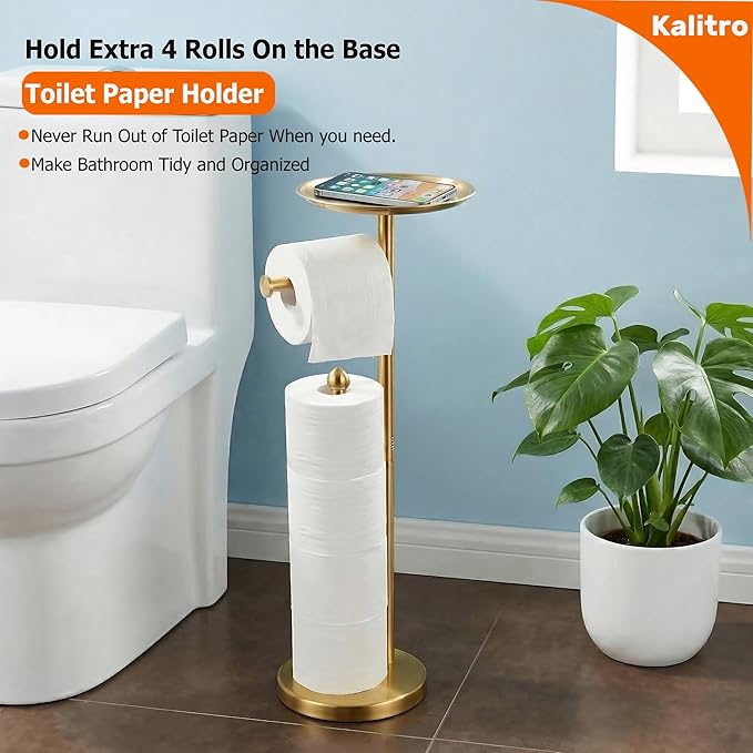 Kalitro Toilet Paper Holder Freestanding with Big Shelf, 4 Rolls Reserve Paper Holder Stand, Modern Paper Roll Holder with Storage Space for Phones (Gold)