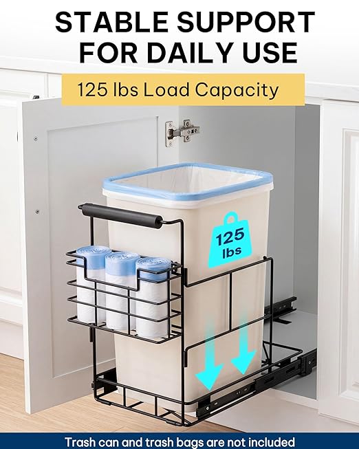 Bulado Pull Out Trash Can Under Cabinet, Under Sink Trash Can Kit with Side Bag Holder, Cabinet Pull Out Organizer for 7.5-10 Gallon Bin, Easy Installation, Bin Not Included