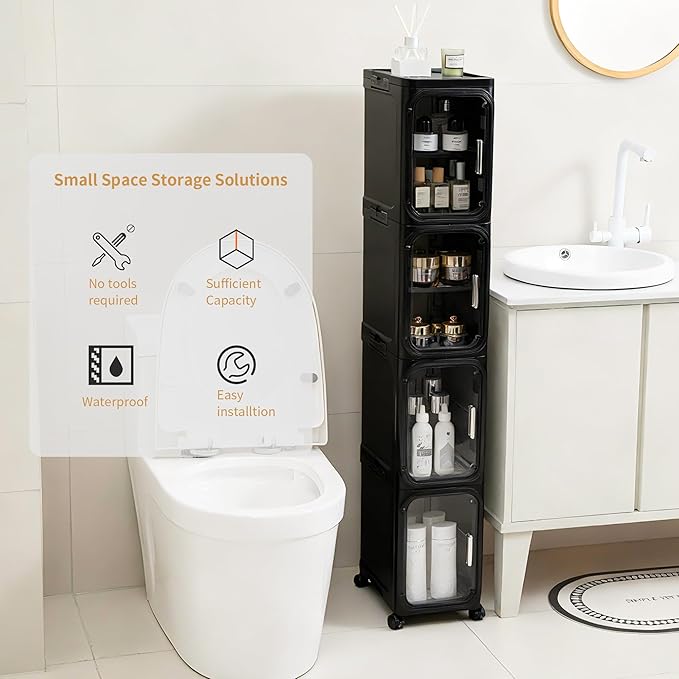 4-Tier Tall Narrow Storage Cabinet, Slim Bathroom Storage Cabinet with Adjustable Shelves and Wheels, Narrow Organizer for Small Space, Bathroom, Kitchen, Laundry, Black
