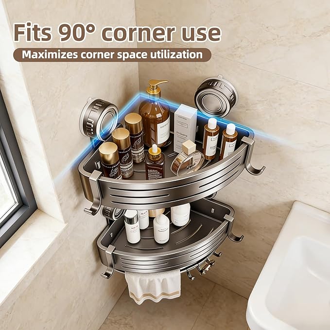Corner Shower Caddy,Suction Cup Shower Bathroom Wall Shelf,No Drill Rust Proof Aluminum Organizer with Hooks,Floating Rack for Inside (Suction Cup Corner Shower Caddy,2 Tier,Gray)