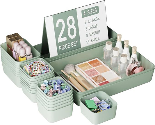 28 pcs Desk Drawer Organizer Tray, Multiple Sizes Plastic Drawer Organizer Storage, Stackable Organizer Containers For Makeup, Bedroom, Kitchen Gadgets Utensils and Office