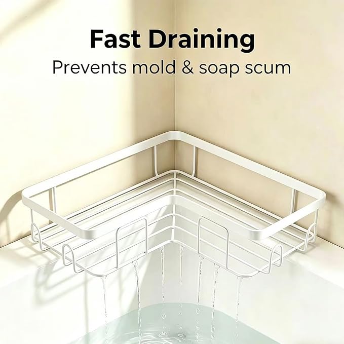 Shower Caddy 2 Pack, No Drilling Adhesive Bathroom Organizer Shelf Rack, Corner Shower Shelf with Hooks for Home Decor & Storage (White)