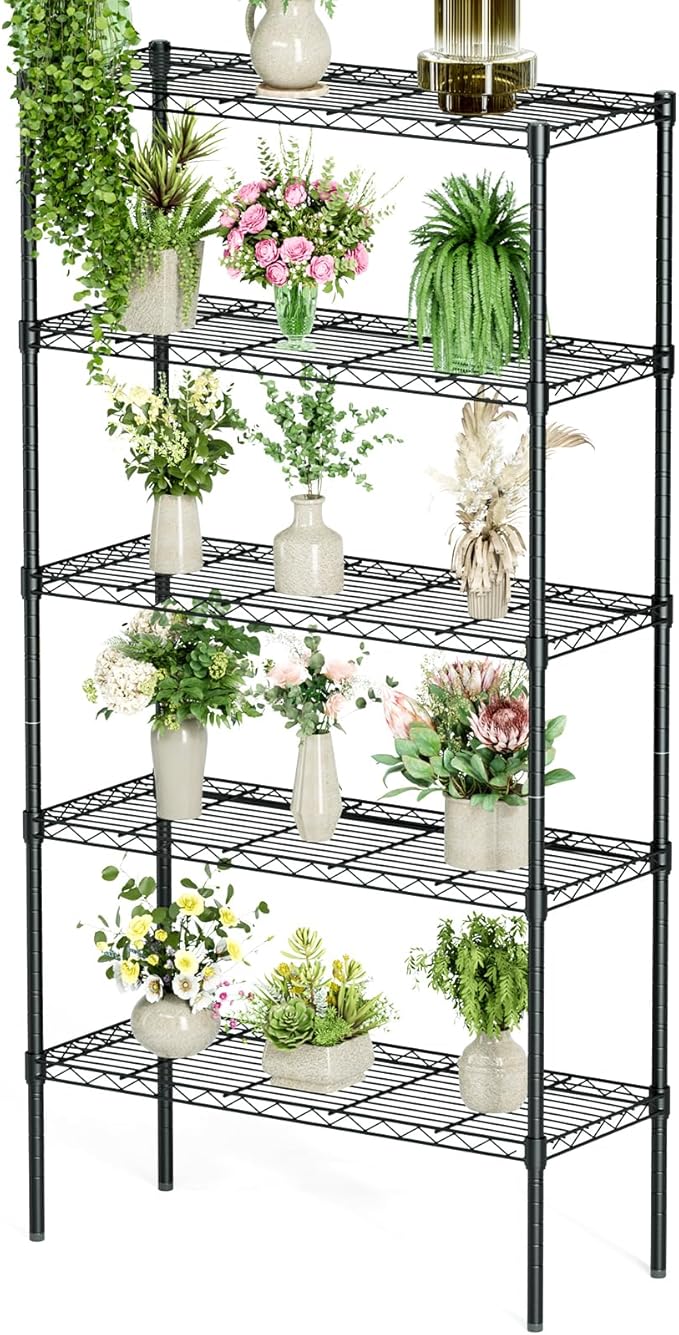 HealSmart 5-Tier Metal Wire Storage Shelves, Adjustable Standing Storage Rack Shelf, Heavy Duty Steel Shelving Unit Organizers for Kitchen Bathroom Pantry Garage, 23.3" W×13.4" D×60" H, Black