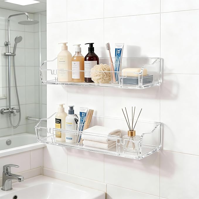 Acrylic Floating Shelves, Clear Bathroom Shelves Wall Mounted, Multi-Use Wall Storage Organizer for Bathroom, Kitchen, Bedroom, Living Room，Study Room (2pcs)