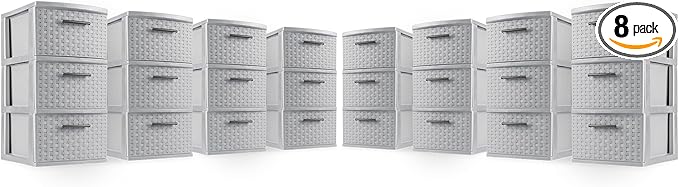 Sterilite 8 Pack 3 Drawer Storage Tower, Plastic Weave Medium Organizer, Cement - Lightweight Opaque Container for Bedrooms, Closets, or Bathrooms