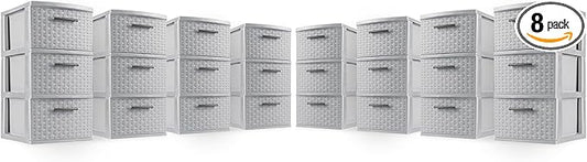 Sterilite 8 Pack 3 Drawer Storage Tower, Plastic Weave Medium Organizer, Cement - Lightweight Opaque Container for Bedrooms, Closets, or Bathrooms