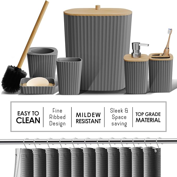 Clara Clark Bathroom Accessories Set - Bathroom Set, Bathroom Sets with Shower Curtain and Rugs, Shower Curtain Set with Bathroom Trash Can - Grey - 22PC