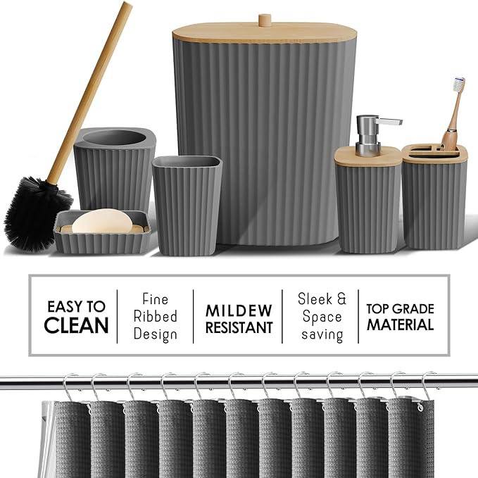 Clara Clark Bathroom Accessories Set - 27PC Bathroom Set with Adhesive Corner Shower Caddy Hanging, Bathroom Sets with Shower Curtain and Rugs, Ombre Grey Shower Curtain Set with Bathroom Trash Can