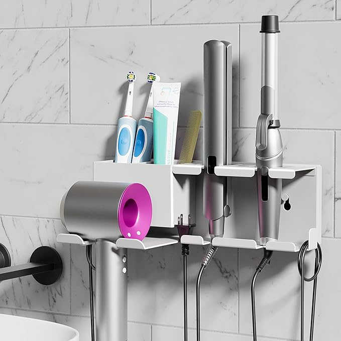 BOIVSHI Hair Dryer Holder, Hair Tool Organizer Wall Mount, Metal Blow Dryer Holder, Curling Iron Holder, Curling Iron, Hair Dryer Wall Mount, Bathroom Accessories Tools Organizer, White
