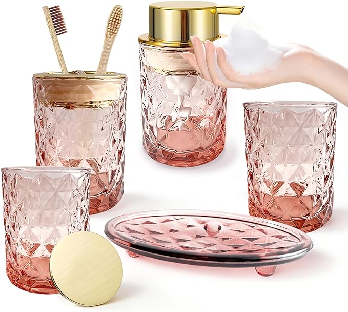 5PCS Bathroom Accessory Set,Brown Bathroom Countertop Organizer Set with Soap Dispenser, Toothbrush Holder, Tumbler, Q-tip Holder & Soap Dish,Elegant Functional Glass Set, Gift for Home & Apartment