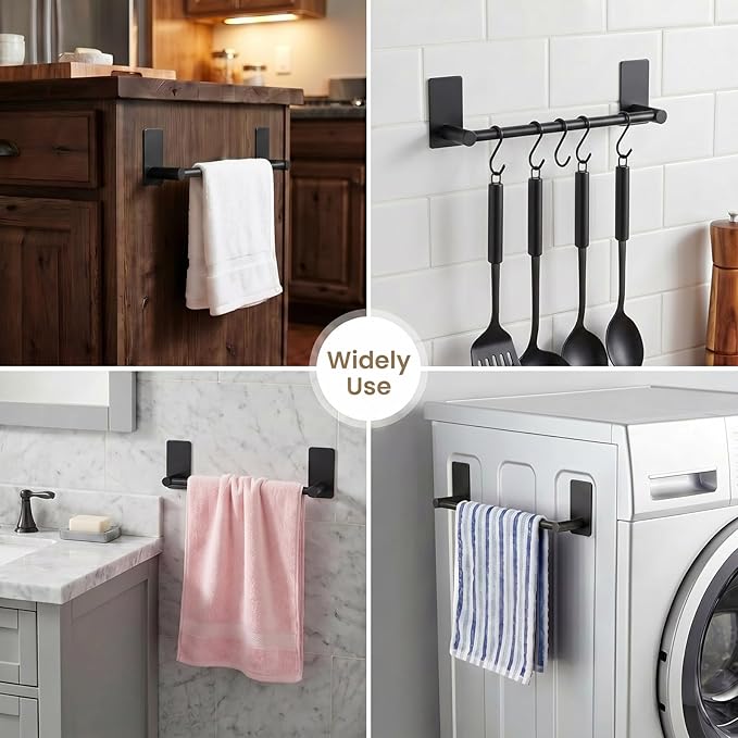 Adhesive Black Towel Bar 9-inch, Stick On Bath Towel Rack, Hand Towel Holders, No Drilling on Wall - Black