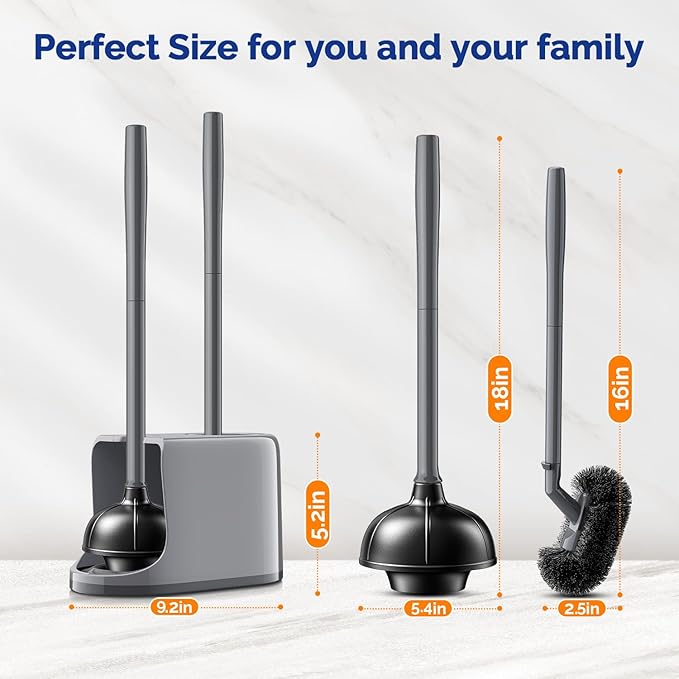 HAMITOR Toilet Plunger and Brush Set for Bathroom Cleaning with Extented Handle - Heavy Duty Toilet Plunger Combo Accessories with Caddy Stand Holder for Small Space - Gray