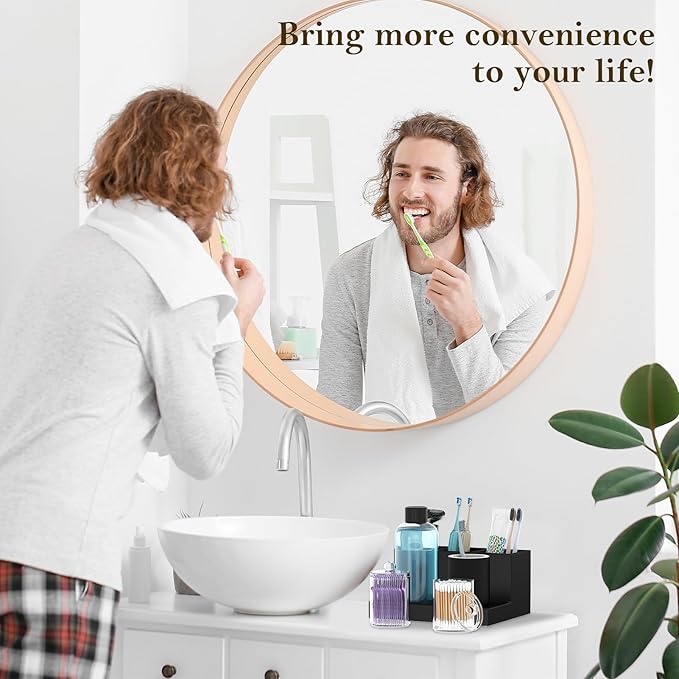 Toothbrush Holder for Bathroom with 2PCS Qtip Holder Dispenser, 3 Slot Bathroom Accessories Holder Floss Cotton Swab Holder Bathroom Vanity Tray for Oral Care Comestic Organizer Counter Storage, Black
