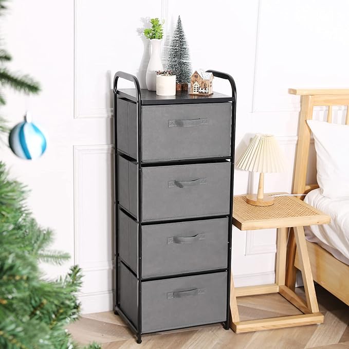 MAX Houser 4 Drawer Fabric Dresser Tall Storage Tower, Dresser Chest with Wood Top, Vertical Nightstand Side Organizer Unit with Metal Frame for Closets Bedroom Nursery Room Hallway(Leaden)
