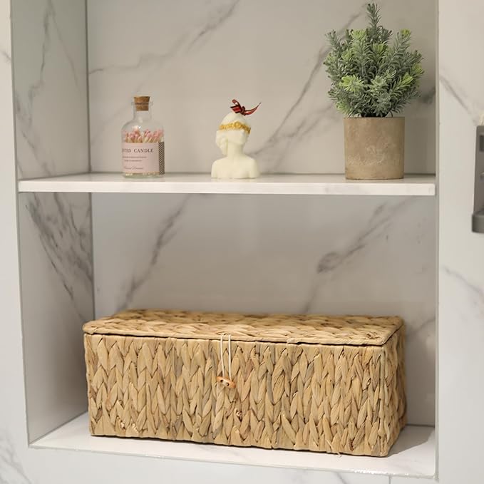 Wicker Bathroom Basket with Lid, Water Hyacinth Toilet Tank Basket with 3 Compartments, Woven Storage Box for Bathroom Organizer (16.7 x 5.7 x 5.7 inch)