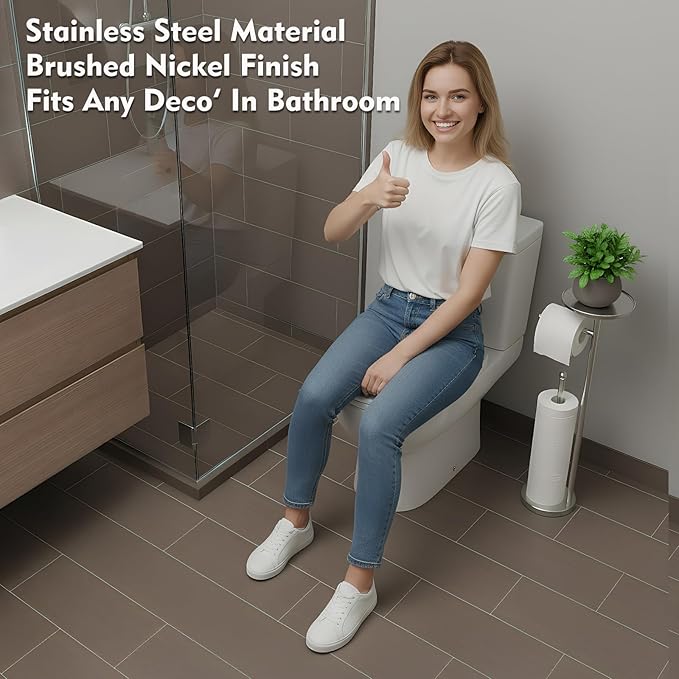 Toilet Paper Holder with Shelf, Tissue Roll Holder Stand with Storage Space for Holding Extra 4 Toilet Paper Rolls, Stainless Steel Rustproof Freestanding (Brushed Nickel)