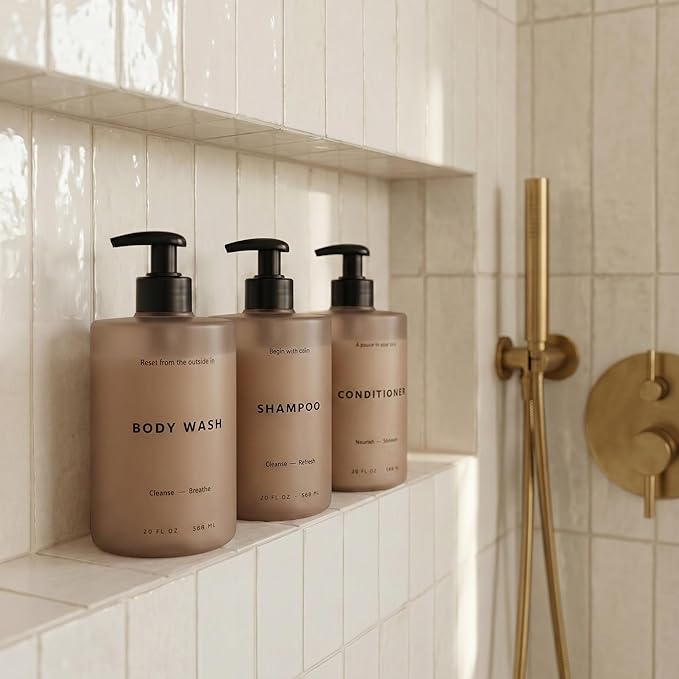Stylish Shampoo and Conditioner Dispenser Set of 3 - Modern 20oz Shower Soap Bottles with Pump and Labels - Easy to Refill Body Wash Dispensers for an Instant Bathroom Decor Upgrade