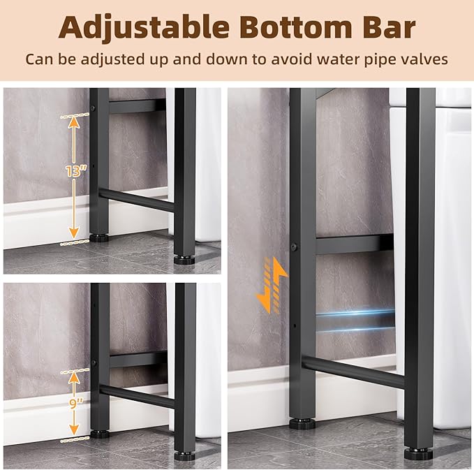 Kalrin Over The Toilet Storage Cabinet with Fluted Wave Doors and Adjustable Shelf, Wood Over Toilet Storage Rack with Drain Basket, Freestanding Bathroom Organizer for Balcony Laundry, Pure Black