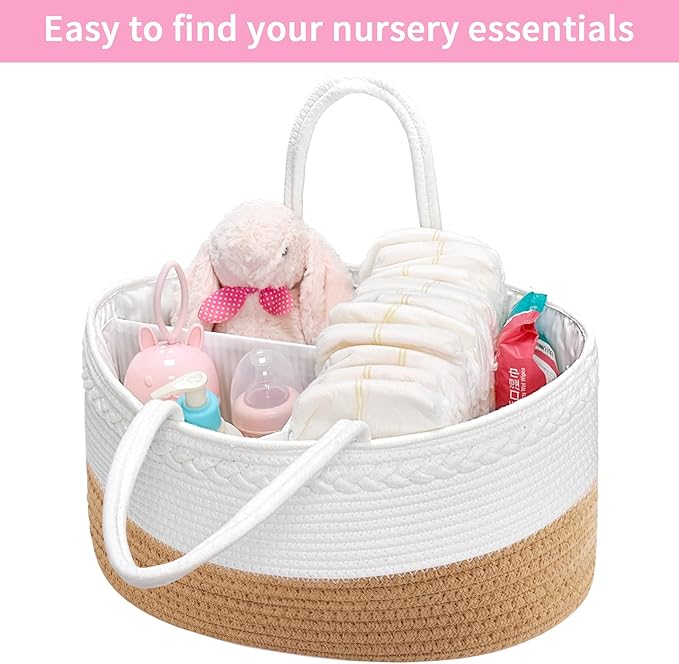 ABenkle X-Large Diaper Caddy Organizer, Boho Rustic Cotton Rope Nursery Baby Basket, Changing Table Organizer for Baby Diaper Storage and Baby Shower