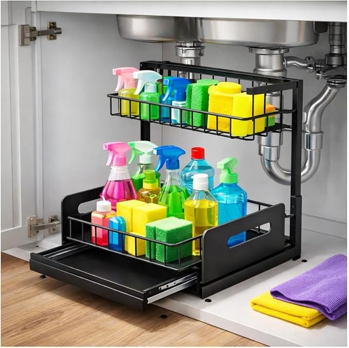 Under Sink Organizer 2 Tier Sliding Storage Rack – Carbon Steel Pull Out Cabinet Shelf for Kitchen & Bathroom, Heavy Duty Metal Under Cabinet Organizer.