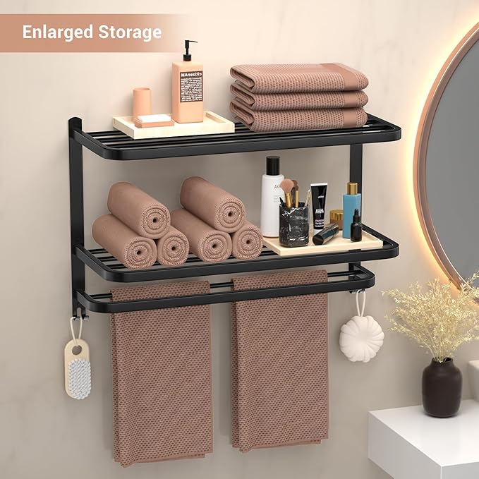 23 Inch 3-Tier Black Towel Racks for Bathroom with Towel Bars Multilayer Hotel Towel Shelf Stainless Steel Wall-Mounted Matte Finished Holder with Towel Shelves