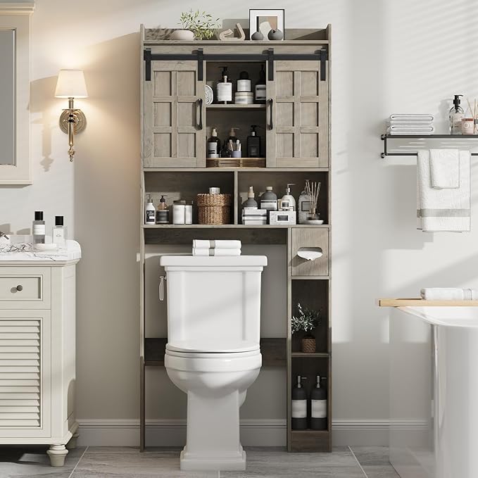 Halitaa Over The Toilet Storage Cabinet, Farmhouse Storage Cabinet Over Toilet with Sliding Doors，Home Space-Saving Toilet Rack, for Bathroom, Restroom, Laundry.Wash Grey