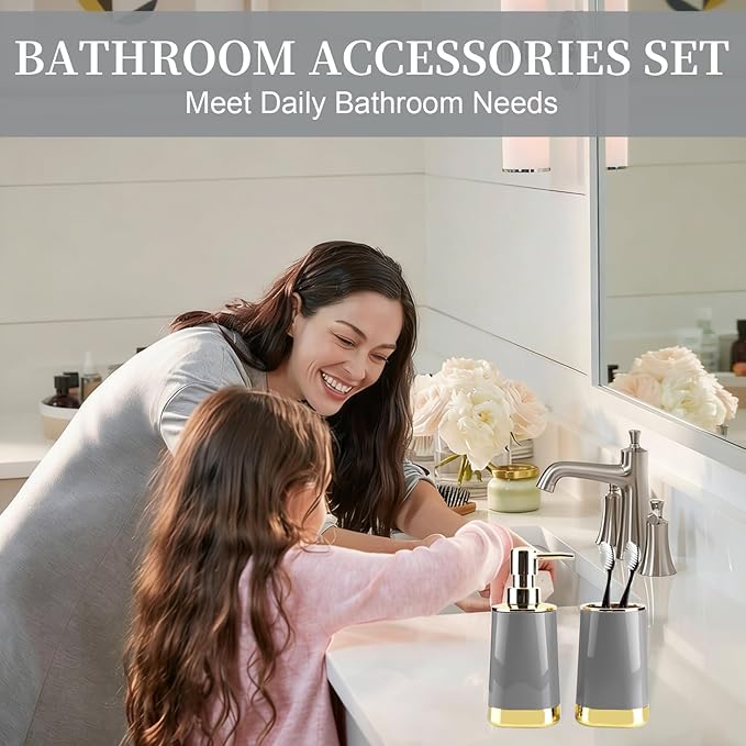 Bathroom Accessories Set, 2Piece Grey and Gold Bathroom Accessories Include Soap Dispenser and Toothbrush Holder for Modern Bathroom Decor