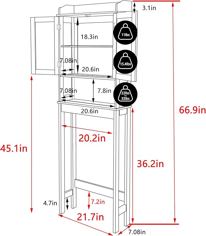 Yardenaler Over-The-Toilet Storage Shelf with Doors, Bathroom Freestanding Organizer Space Saver with Adjustable Shelf, Gray