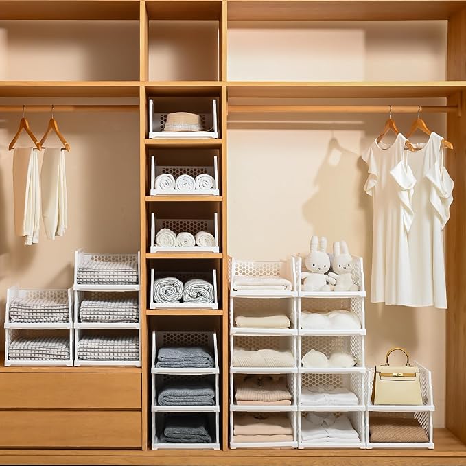 Pull-out Plastic Storage Basket,Stackable Closet Organizers Drawer Anti-Tipping, Reinforced Stable Shelf Container for Bathroom Laundry Room Storage, Space-Saving Clothes Storage (white, Large-4pcs)