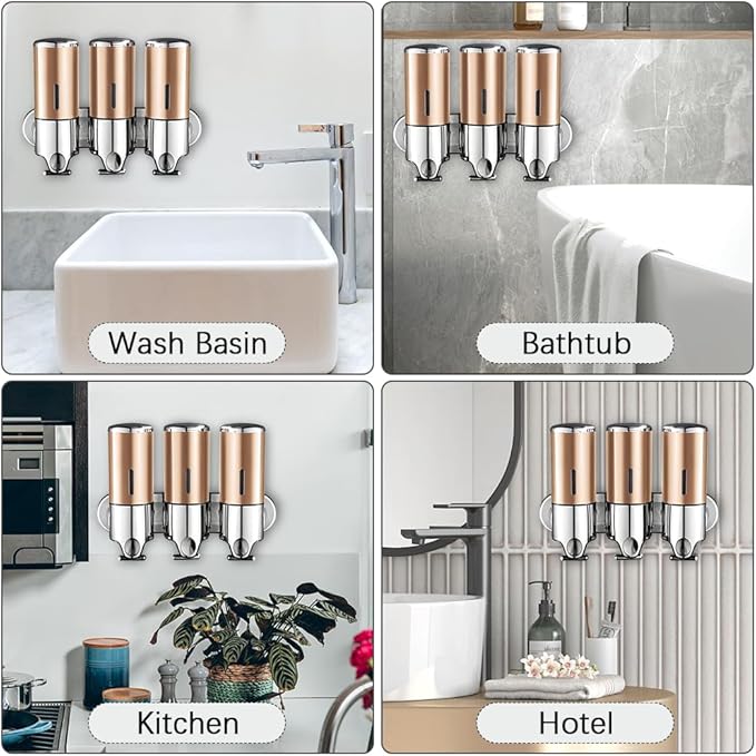 3 in 1 Wall Mounted Bathroom Shower Pump Dispenser and Organizer-Holds Shampoo, Soap, Conditioner, Shower Gel, for Bathroom Kitchen Hotel (Gold 3 Chamber)