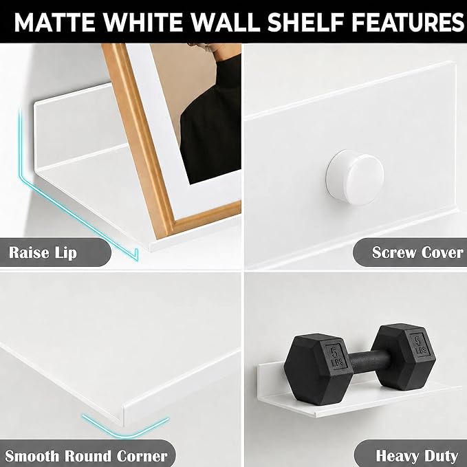Z metnal Small Floating Shelves, Renter Friendly Mini Metal Display Shelf for Collection Action Figures, Aluminum, Adhesive & Wall Mounted, White, 6 inch, 2 Pack